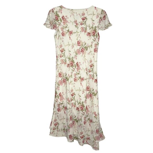 ๐ธ Vintage White Floral Midi Dress V Neck Slant Hem Romantic Cottagecore Sz 8 - Picture 2 of 9
